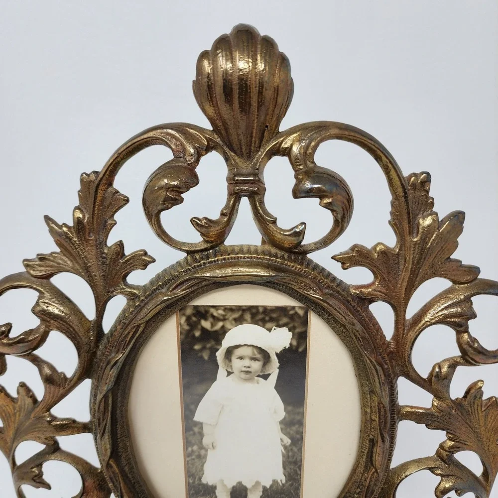 Antique Victorian Cast Metal Brass Oval Picture Frame Swing Easel Filigree 8x10